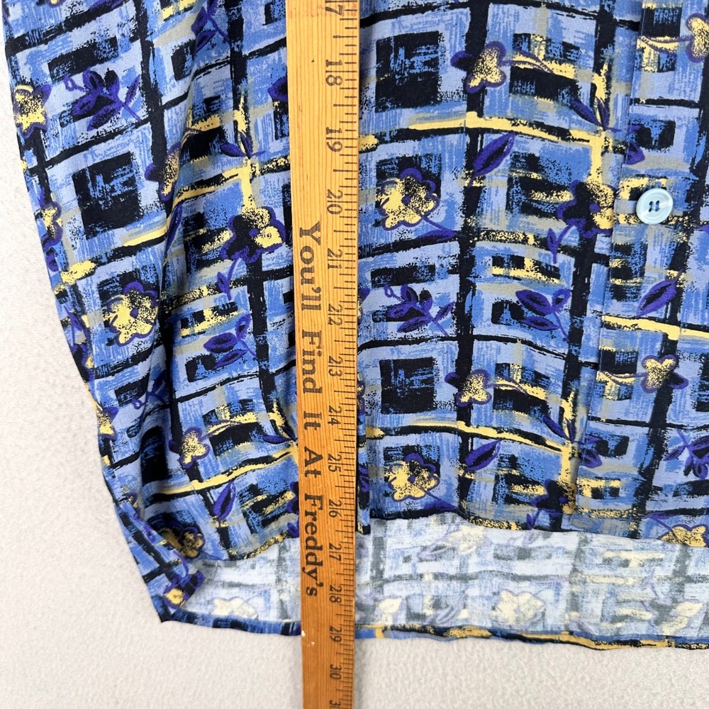 Vintage Camp Shirt Mens Medium Blue Abstract Print Rayon 80s Direction Vacation - Picture 8 of 9